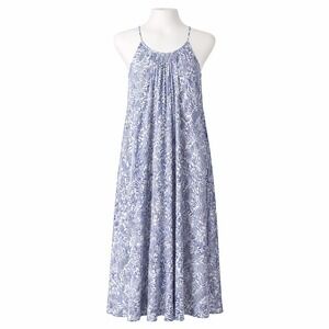 Roxy Blue White‎ Floral Halter Maxi Dress Women's Medium 49" Summer Boho
